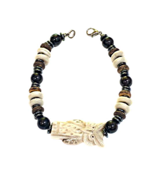 El Tecolote — Hand-Carved Buffalo Bone Owl, Arfvedsonite & Coconut Wood Bracelet