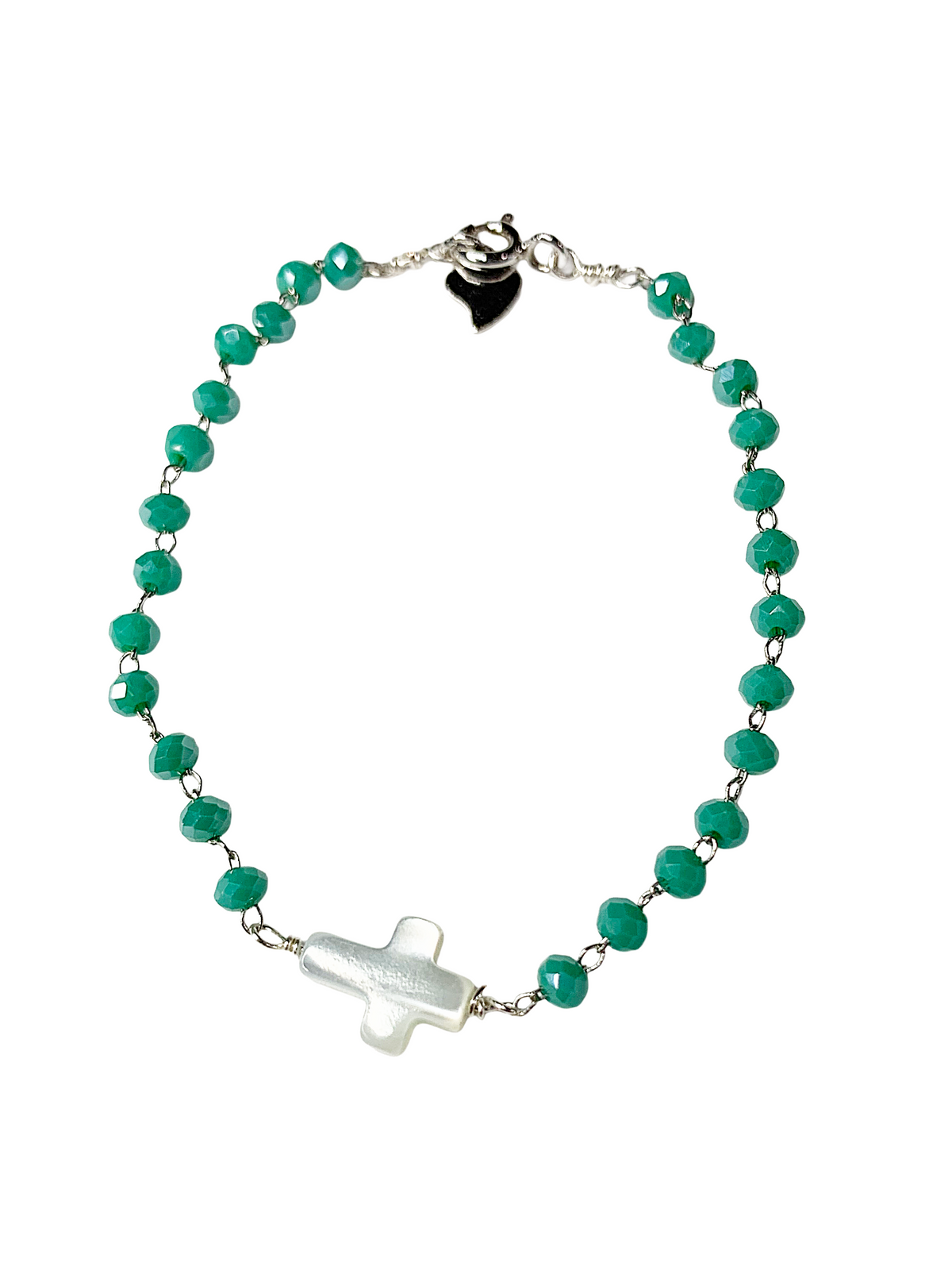 Kids 6 inch bracelet with a mother of pearl cross and aqua crystal glass bead chain on sterling silver