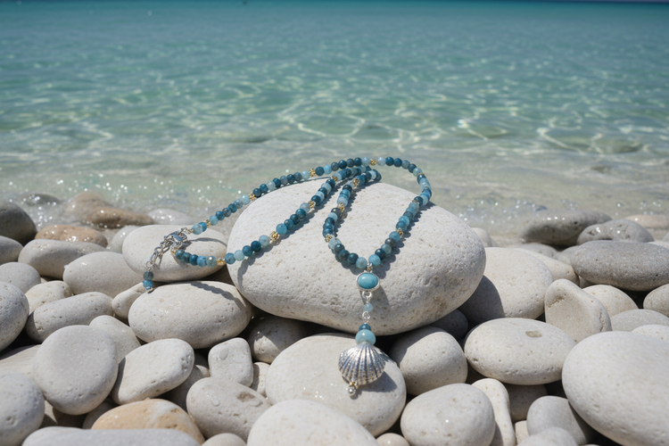 Silver shell pendant necklace with blue gemstone beads on white pebbles by the ocean