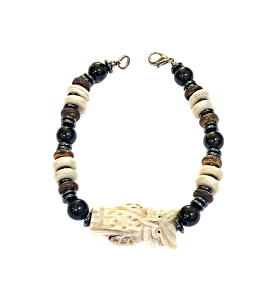 El Tecolote — Hand-Carved Buffalo Bone Owl, Arfvedsonite & Coconut Wood Bracelet
