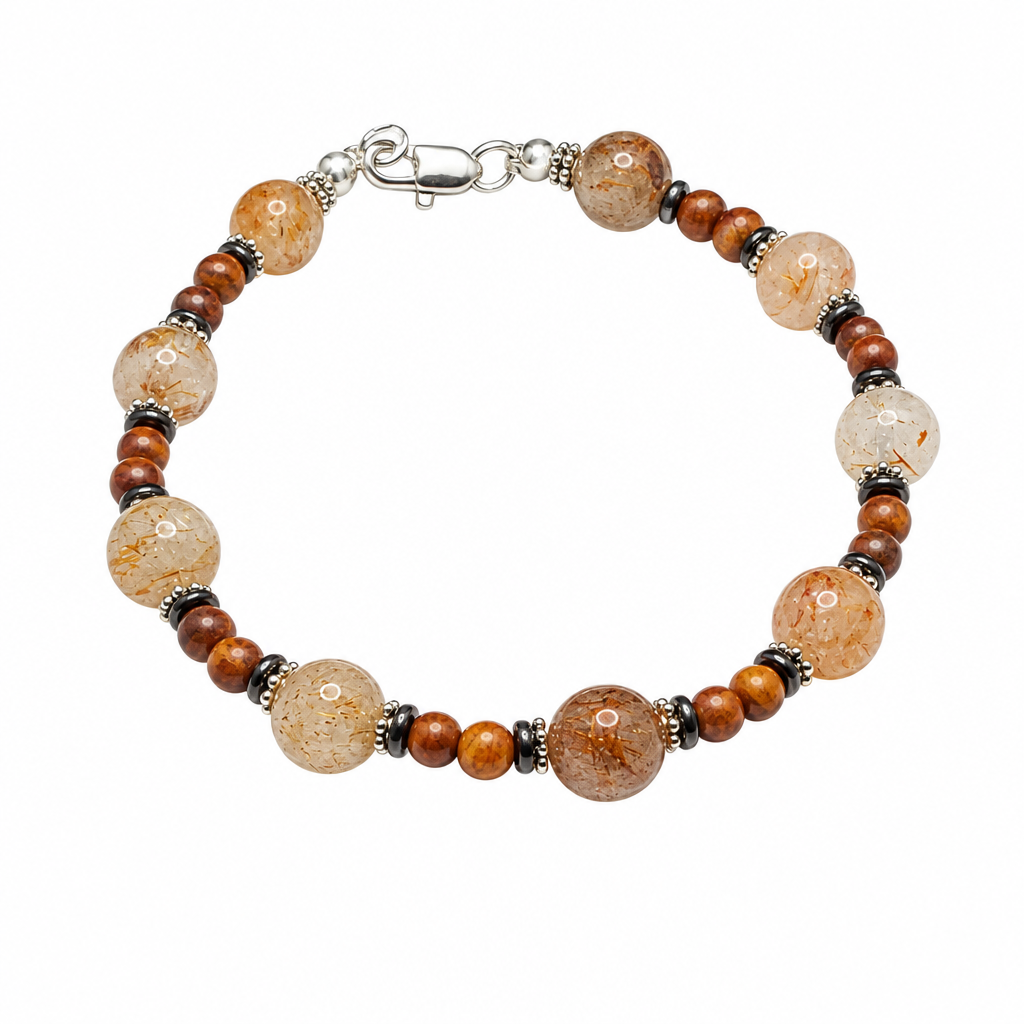 Golden Thread bracelet with amber-toned beads, brown wood beads and silver clasp on white background